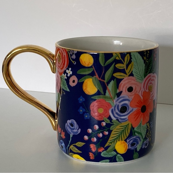 Rifle Paper Co. for Anthropologie Mug “D” Floral Gold Handle Trim Coffee Blue - Picture 2 of 16